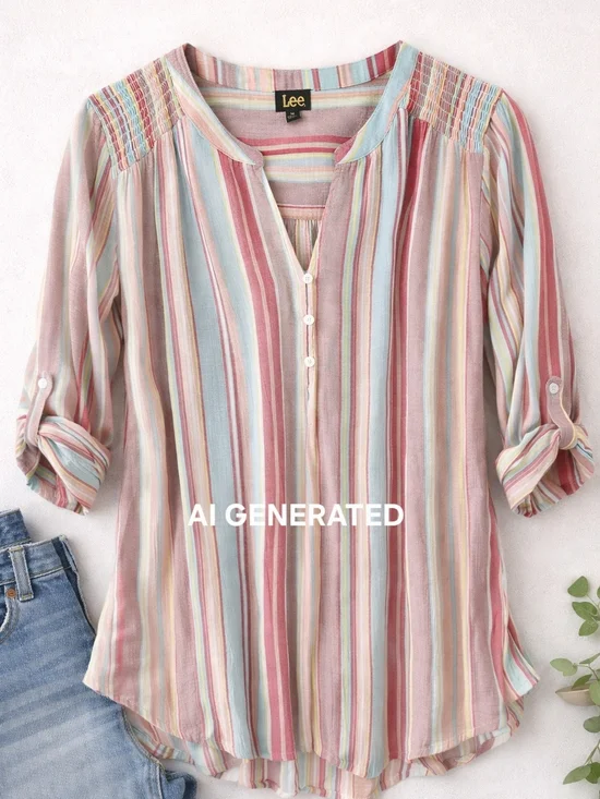 Lee Striped Boho Blouse Pastel Button Front Top - Picture 4 of 5